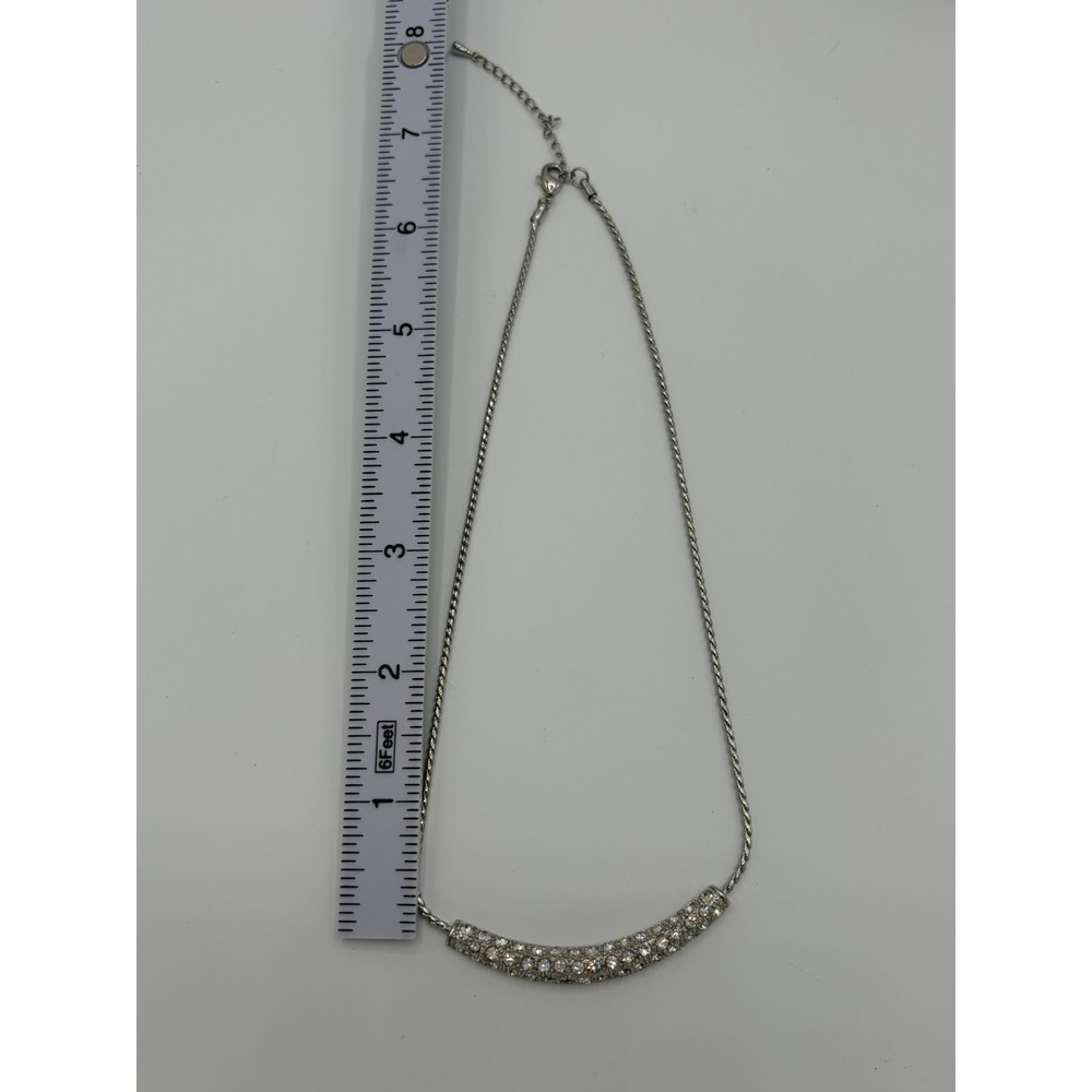 Silver Tone Rhinestone Pavé Curved Bar Pendant Necklace Twisted Rope Chain 16in - Picture 3 of 3
